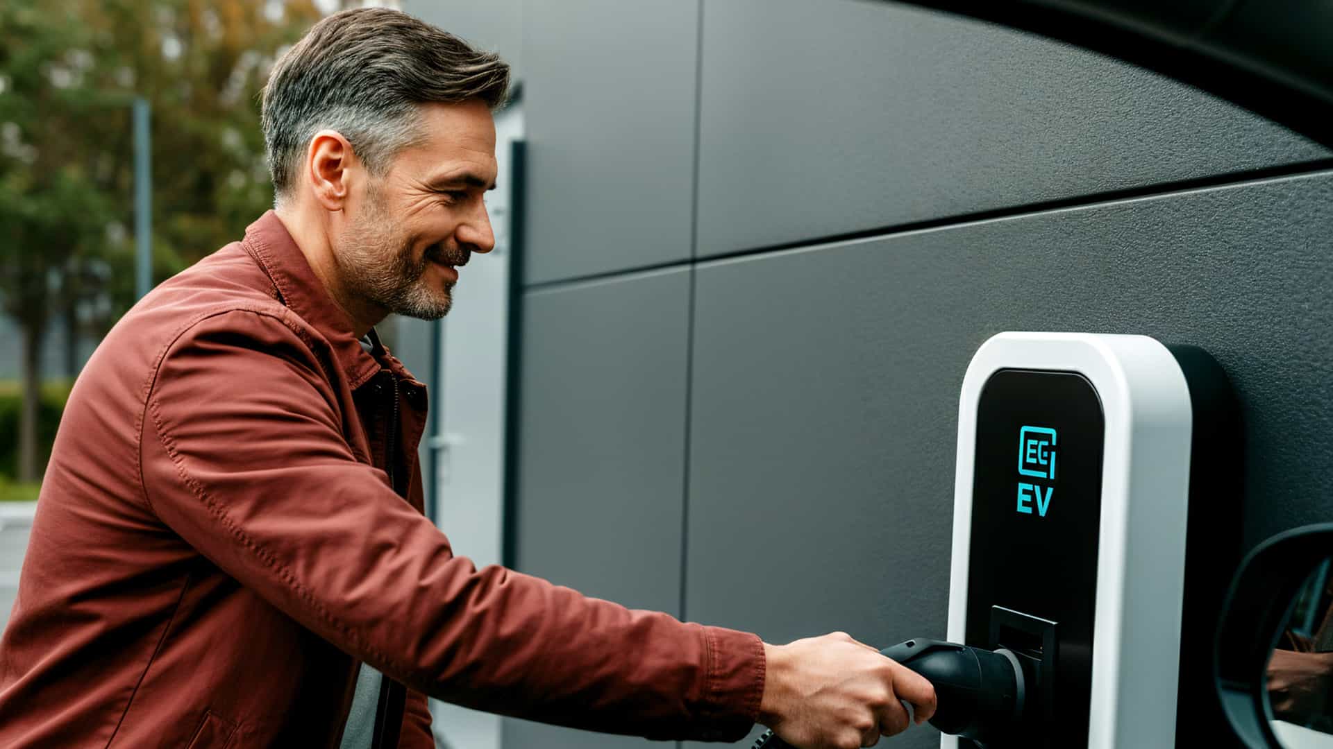 man charging electric vehicle at station