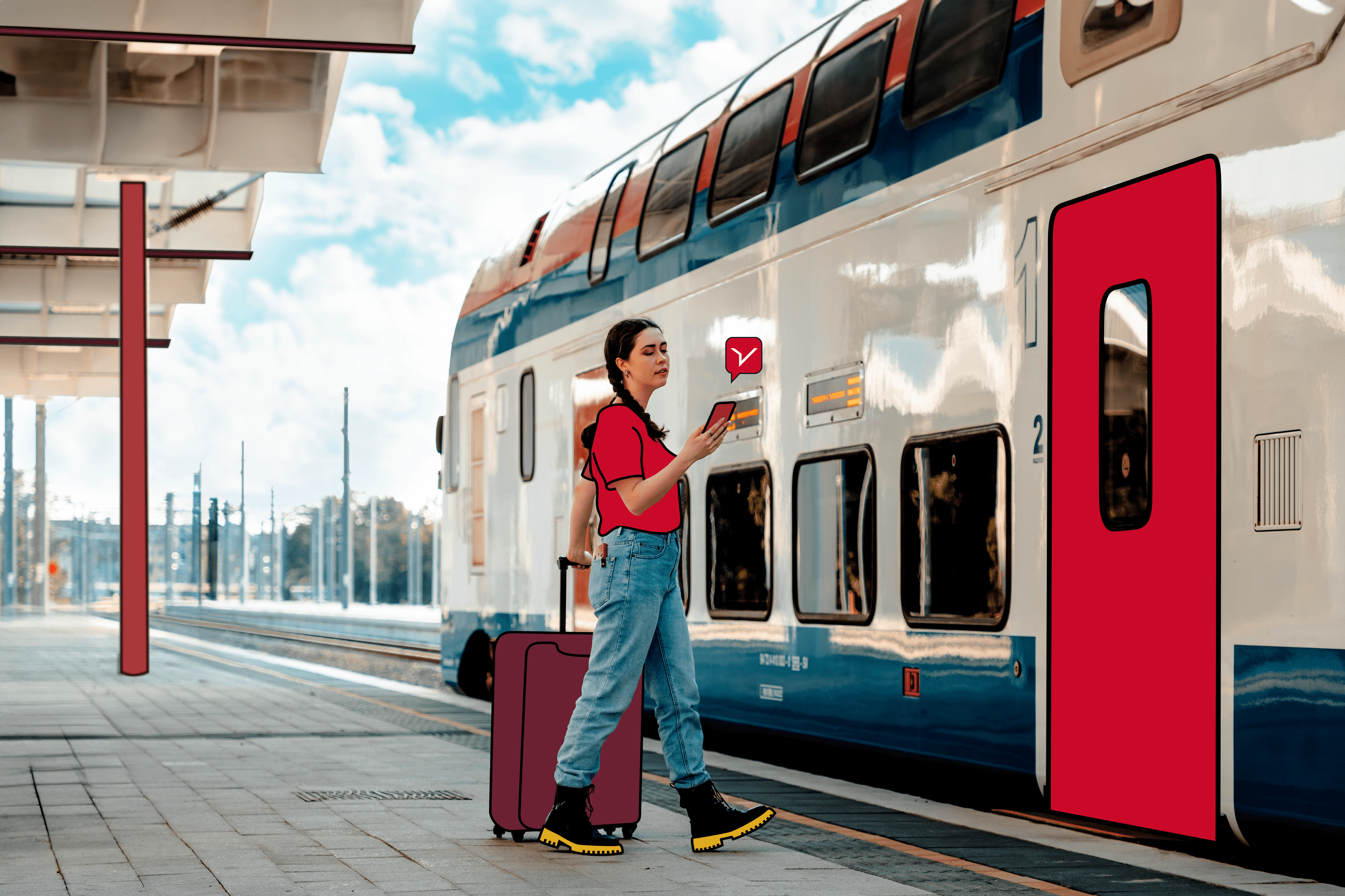 Employee boarding a long-distance bus holding their phone with the FREENOW logo popping out.