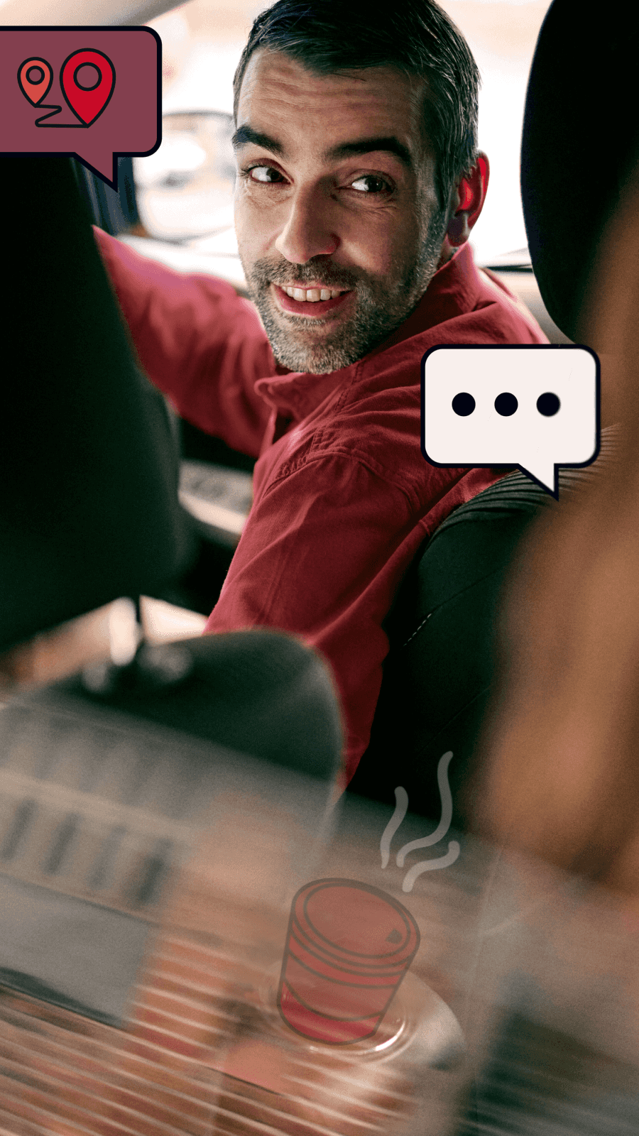 Man driving, talking to passenger on the backseat