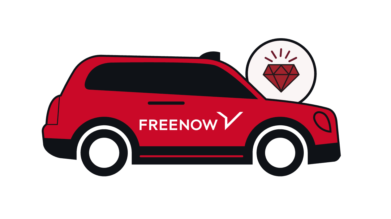 Illustration of black cab with Freenow advertising