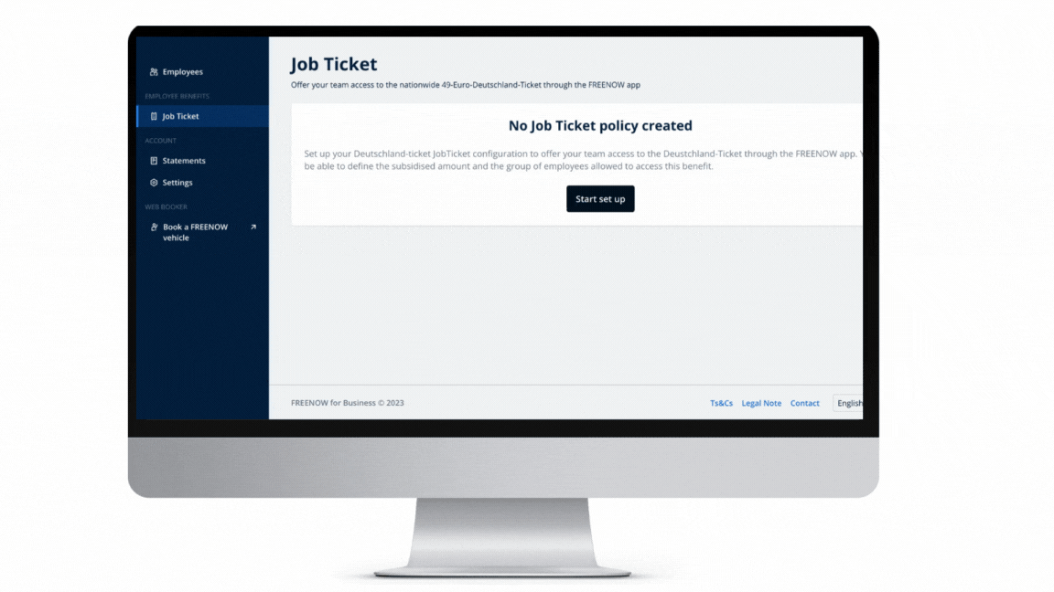 Ein Bildschirm mit dem FREENOW Dashboard zeigt, wie einfach es ist, Jobtickets für die Mitarbeiter bereitzustellen