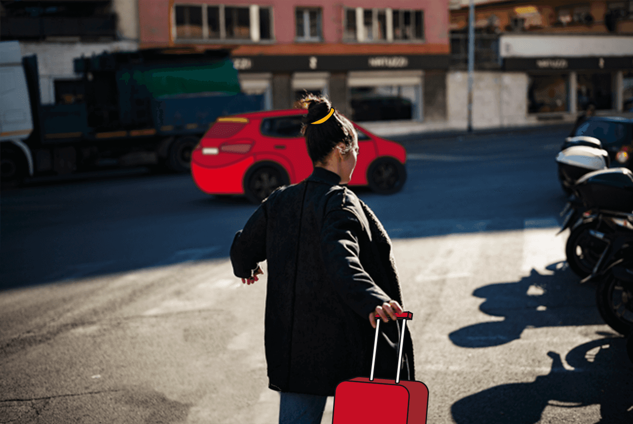 Walking to taxi with suitcase
