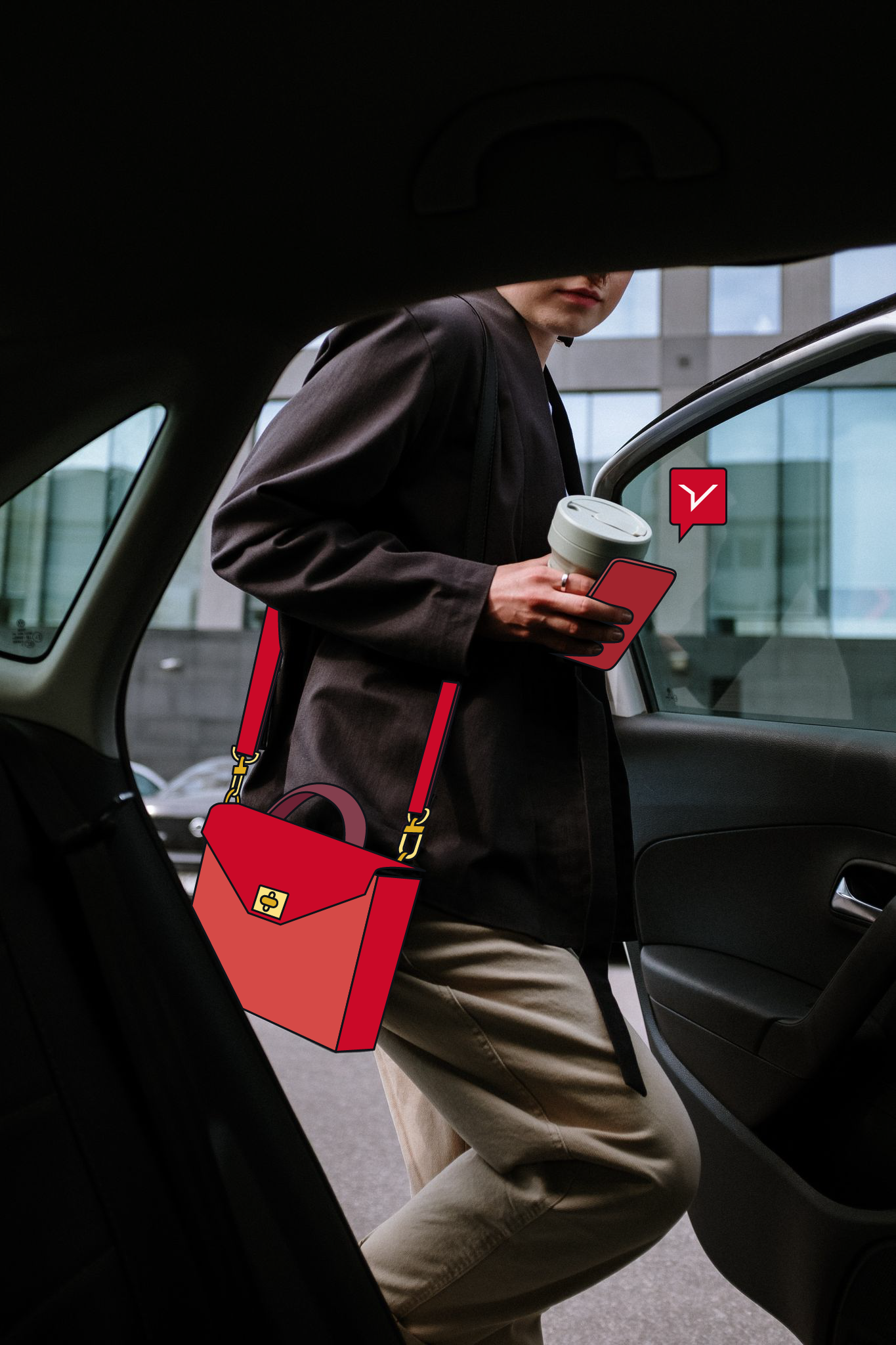 Una mujer trabajadora sube a un coche con una bolsa roja, un ejemplo de transporte urbano.