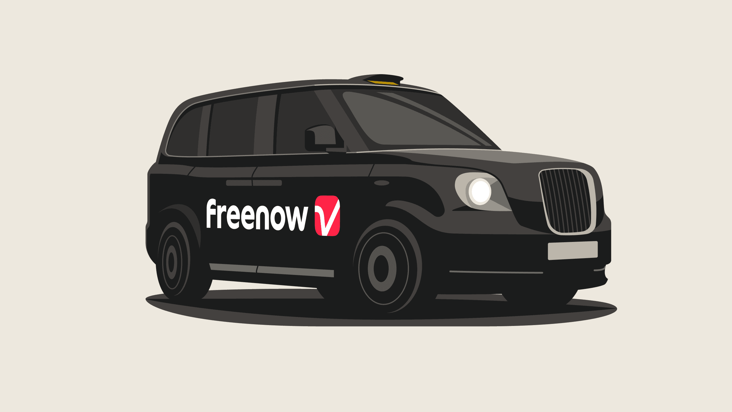 Illustration of black cab with FREENOW advertising