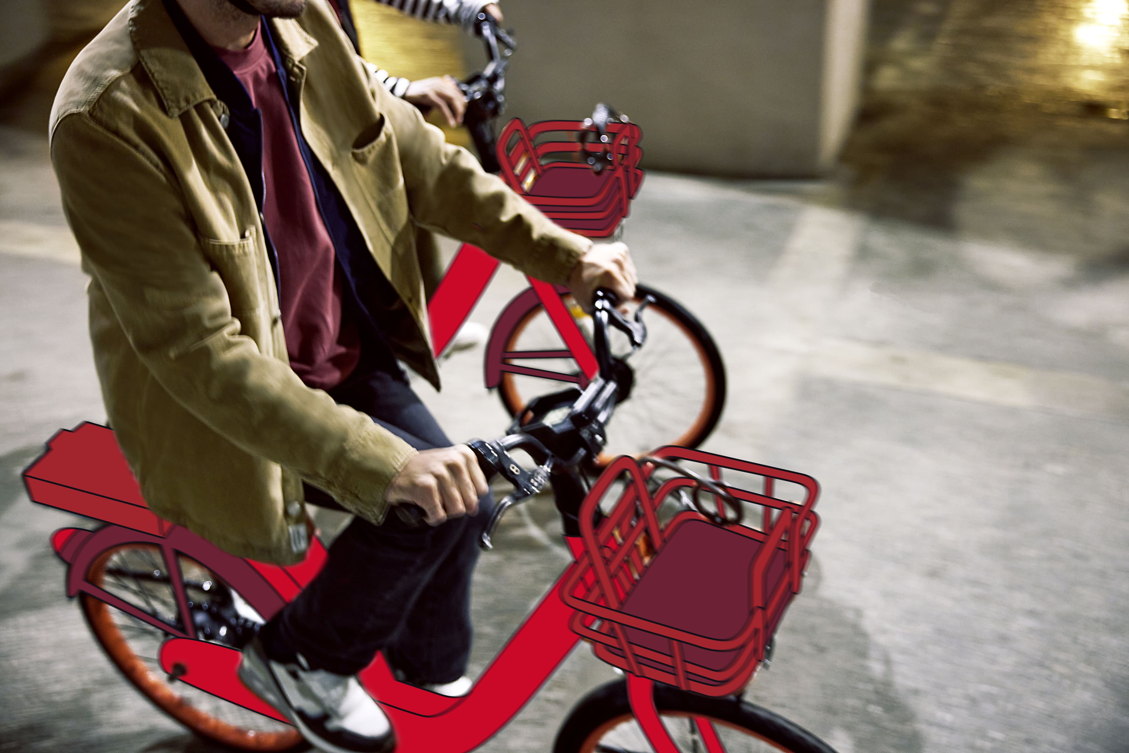 Employee riding a red eBike to go to the office from the main train station with their mobility budget from FREENOW