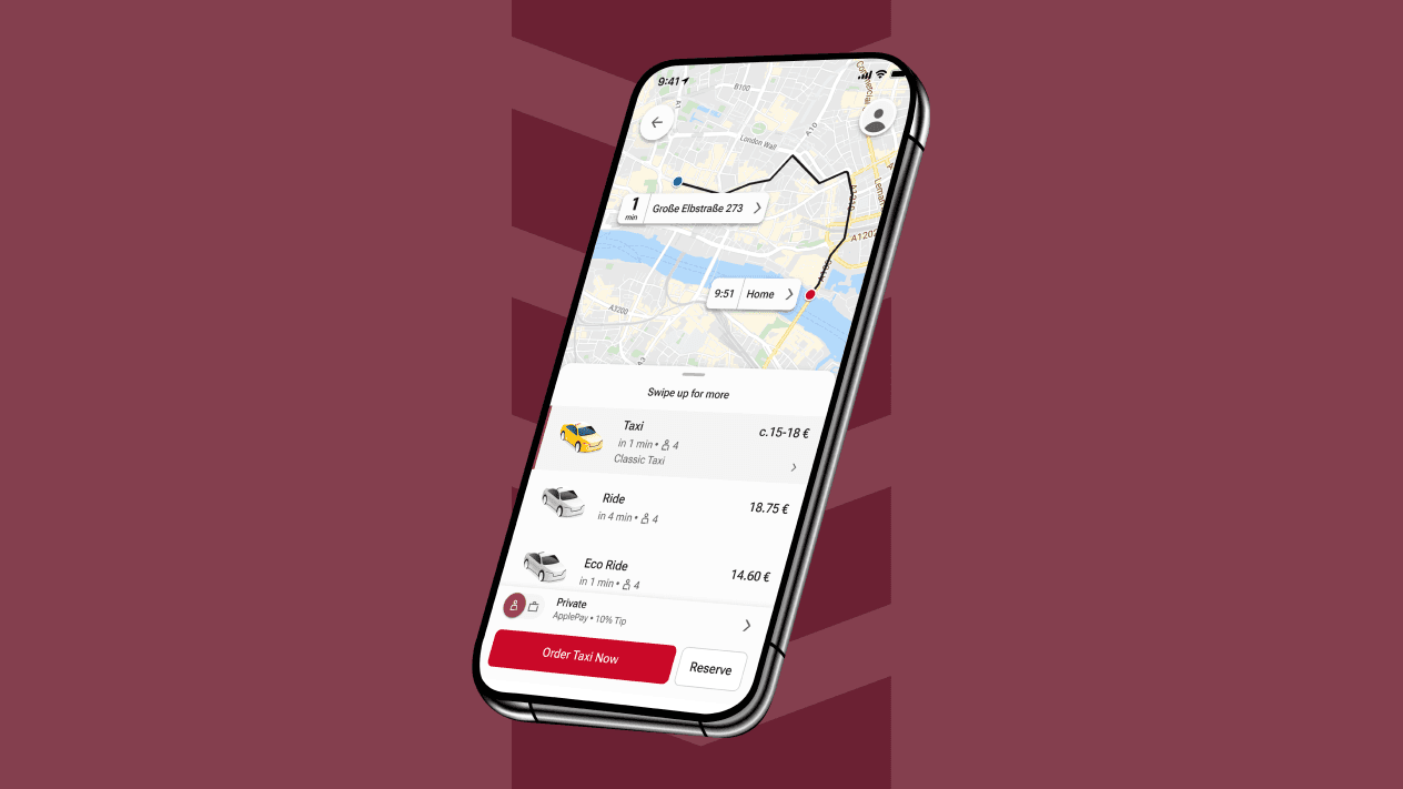 Telefono cellulare con l'applicazione Freenow sullo schermo, dove i dipendenti possono prenotare taxi, biciclette e altre modalità di trasporto come parte dei loro benefit per i dipendenti.