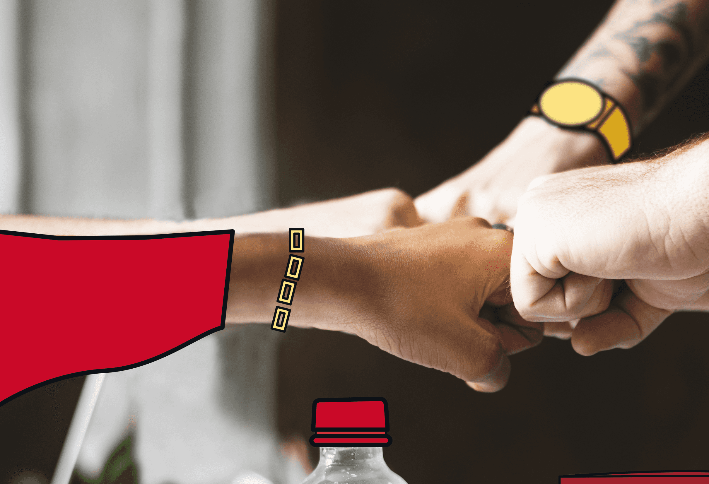 Wiele różnych rąk uderzających pięściami. Reprezentowanie podróży służbowych i statków pracowniczych w ramach partnerstwa z Freenow.
