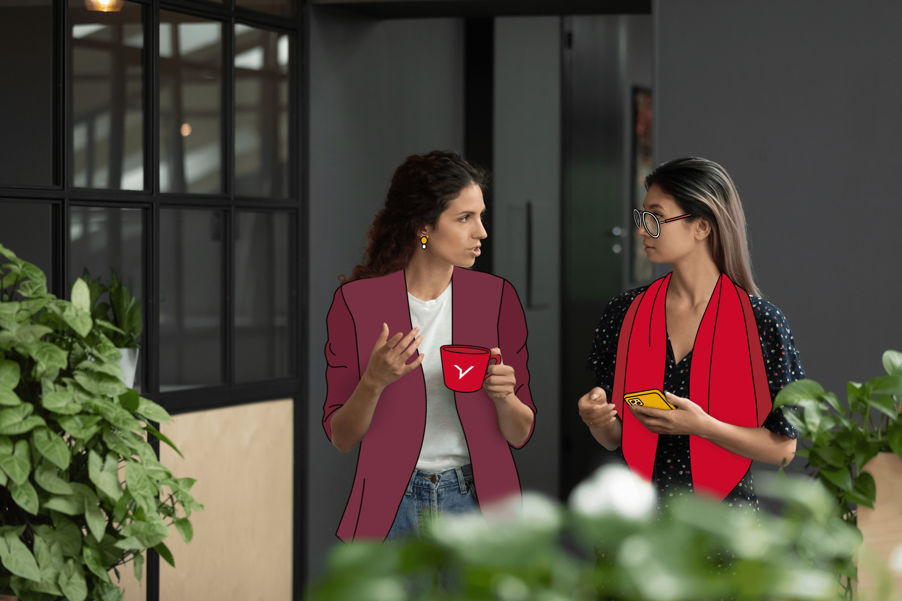 Travel Risk Manager bei der Arbeit, unterhalten sich im Stehen