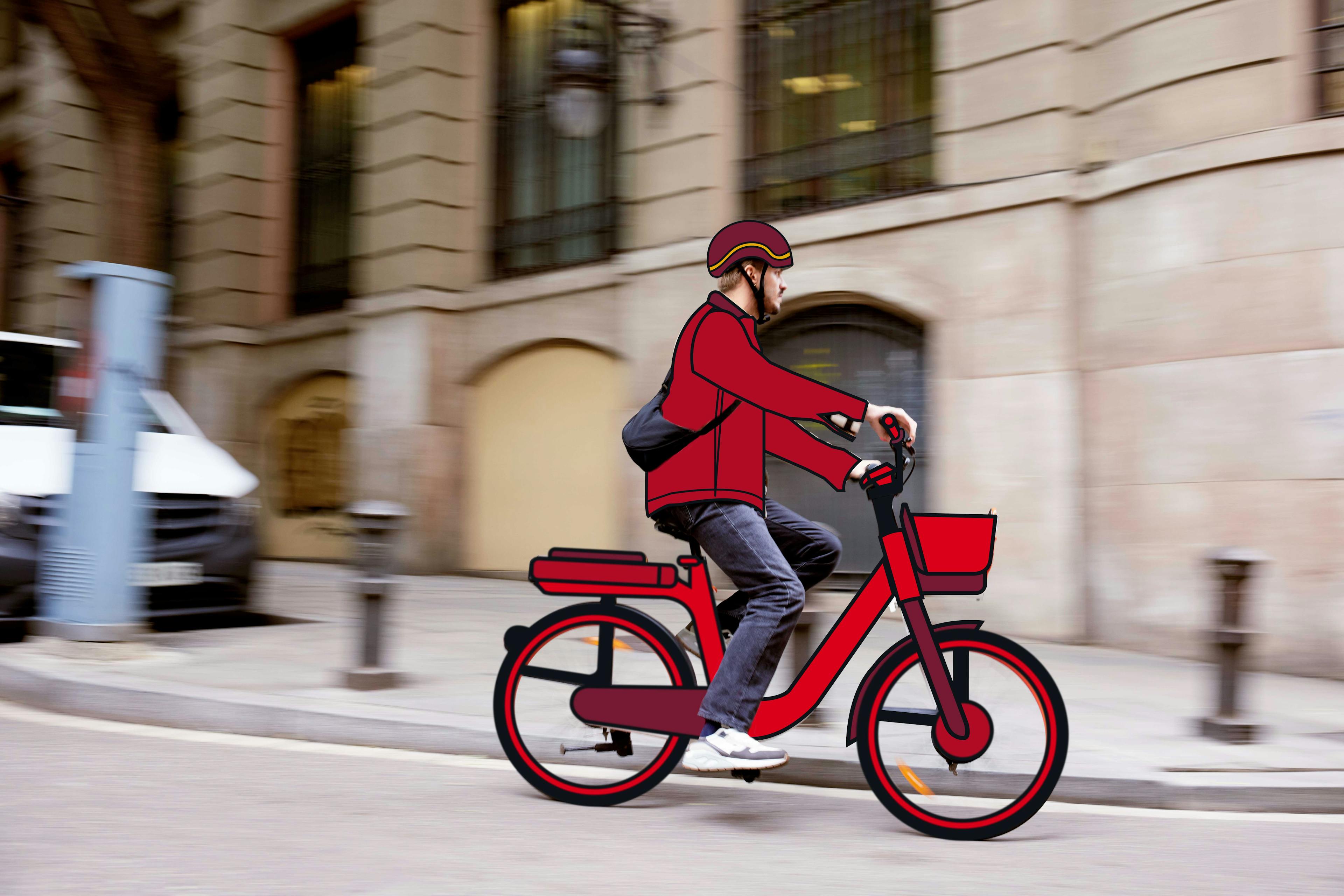 Un employé se rendant au travail en vélo électrique loué en libre service