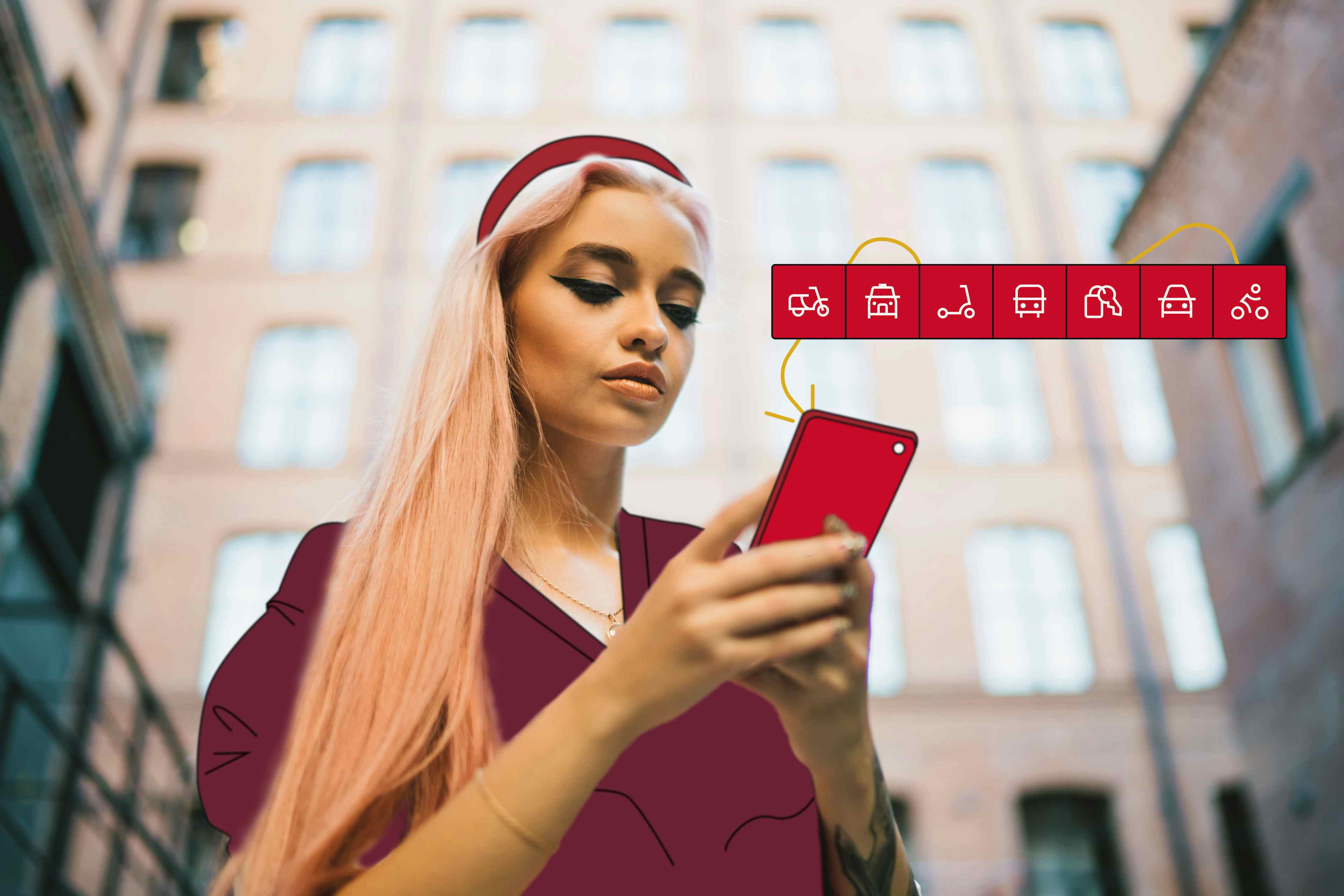 Une employée qui utilise son smartphone pour choisir son moyen de mobilité sur l'app FREENOW et le reserver grâce à son Mobility Budget