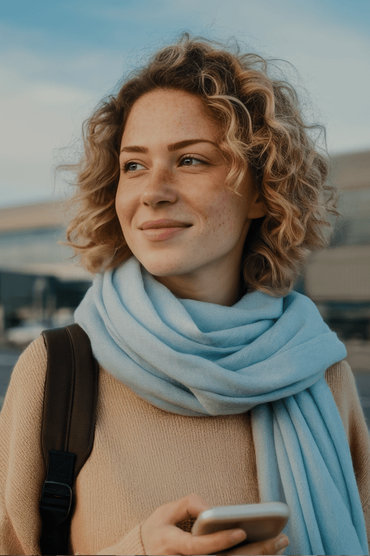 woman smiling, holding phone