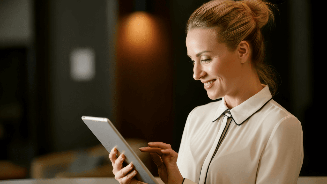 L'addetto alla reception prenota il taxi per gli ospiti con il web booker Freenow su un modello portatile.